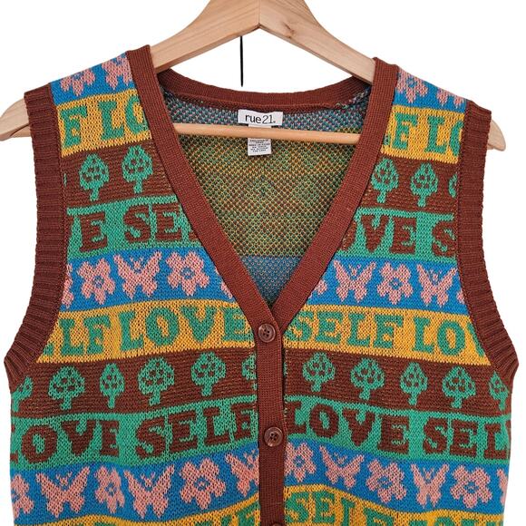 Rue 21 Womens Self Love Mushroom Cropped Multicolor Button-up Sweater Vest Sz S - Picture 2 of 9